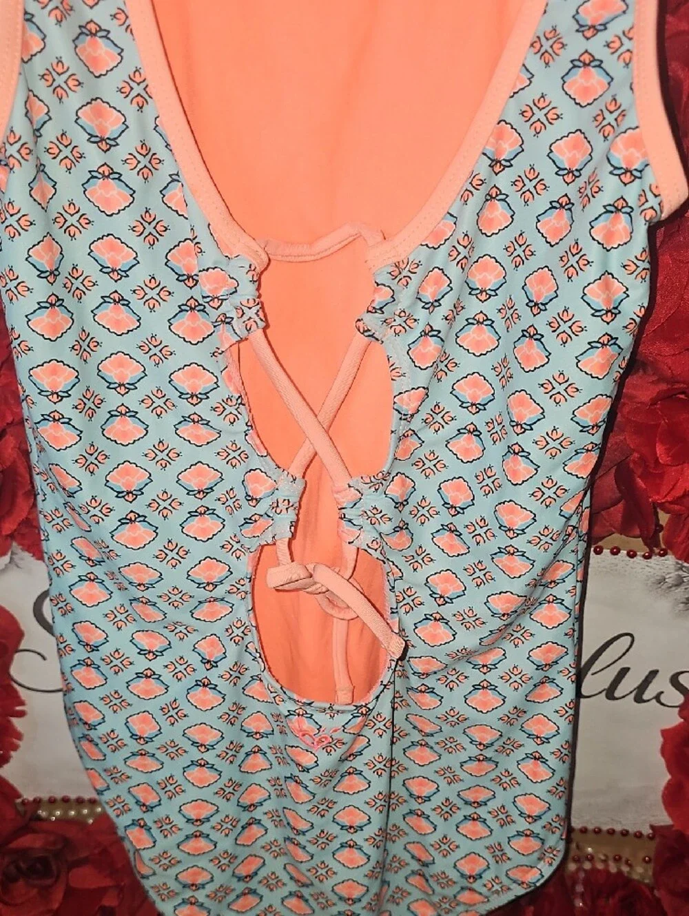 Justice Girls Coral and Light Blue Medallion One-Piece Bodysuit Size 14